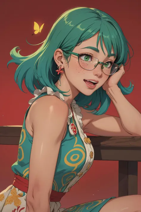 a woman with green hair and glasses sitting at a table