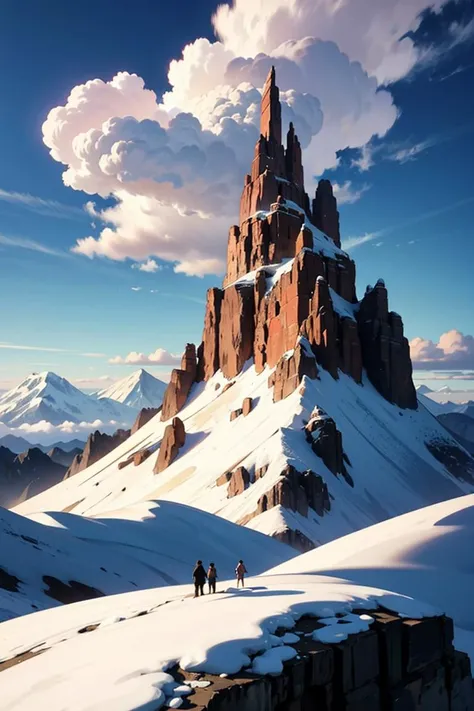 there are people walking on a snowy mountain with a mountain in the background