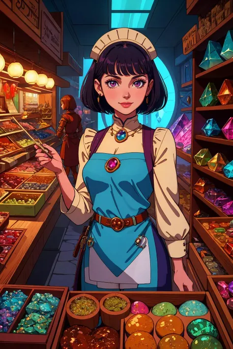 a woman in a blue dress standing in front of a store filled with sweets