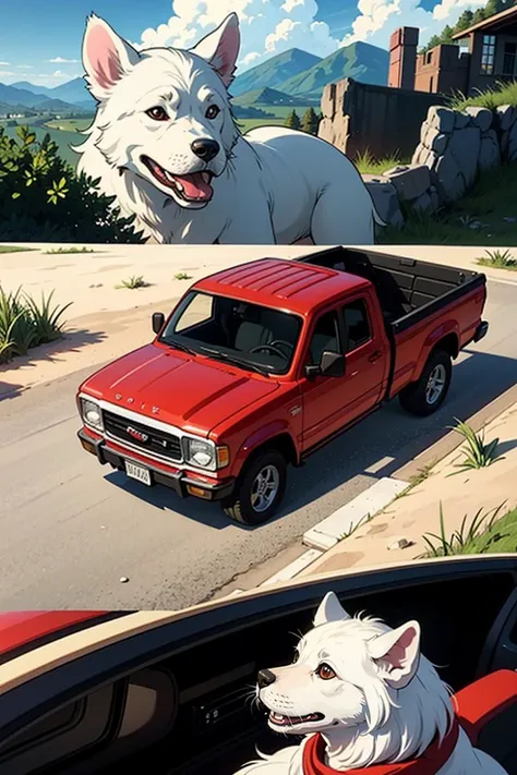 a kids book cover with an illustration of white dog driving a red pickup truck  final fantasy themed ,
<lora:GoodHands-beta2:0.75>