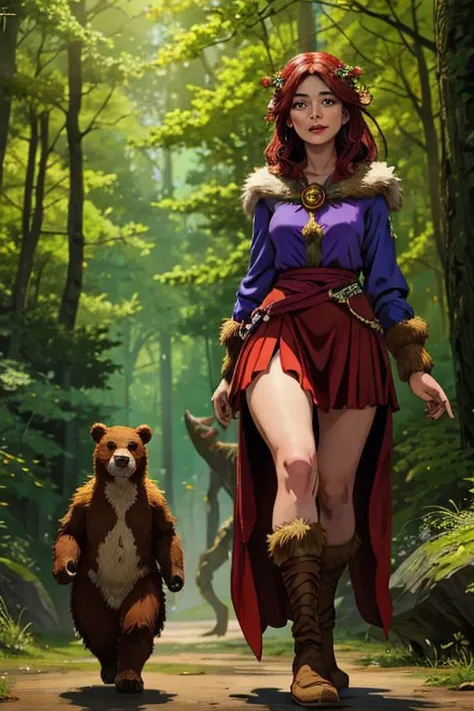 a human druid in the style of dnd , a druid walks next to a bear in the forest,