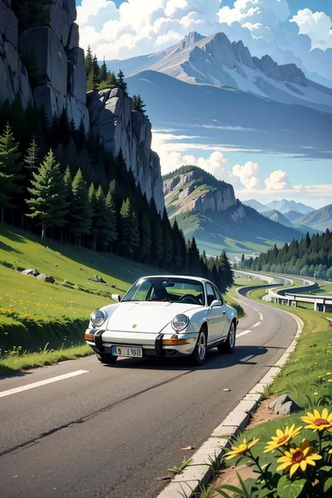 painting of a white car driving down a road with mountains in the background