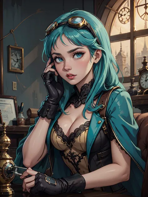 a woman with blue hair and goggles on her head and a clock in the background with a clock, Charlie Bowater, steampunk, a character portrait, rococo, 1girl, aqua eyes, aqua hair, breasts, cleavage, eyewear on head, fingerless gloves, gloves, goggles, goggle...