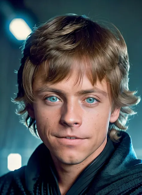 a close up of a young man with a black jacket and blue eyes