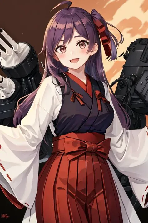 best quality, masterpiece, highres, solo, {white kimono:1.35}, {red hakama:1.35}, {wide sleeves:1.20}, {hagikaze_kantaicollection:1.15}, long_hair, purple_hair, one_side_up, ahoge, brown_eyes, blush, ribbon, red_ribbon, vest, neck_ribbon, smile, breasts, b...