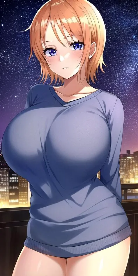 <lora:NamiV2:0.7> n4mi, huge_breasts, standing, solo, OGN4mi_short_hair, sweater, starry_sky,, masterpiece, best quality, detailed face, detailed eyes, highres,