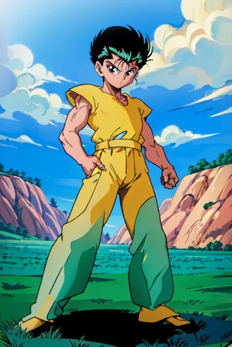 1boy, yusukeurameshi, solo, black hair, brown eyes, yellow shirt, dougi, (blue pants:1.6), clenched hands, looking at viewer, blue sky, meadow background <lora:YusukeUrameshi:1.2>, 8k, best quality, flat color, <lora:Yamamoto_Doujin_v2_Dim64:0.8>