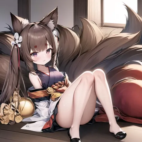 best_shadow, wallpaper, colorful, best_quality, highly_detailed, masterpiece, ultra-detailed, illustration, highres, bedroom, solo, 1girl, amagi-chan (azur lane), brown_hair, fox ears, fox girl, fox tail, <lora:Amagi-chan (Azur lane)（小天城）V1.0:1>, full body...