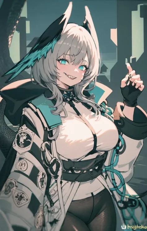  <lora:hoolheyak:0.9> hoolheyak (arknights), 1girl, head wings, solo, grey hair,  fingerless gloves,black pantyhose, cowboy shot, masterpiece, naughty face, evil smile, sharp teeth, tail, monster girl,looking at viewer, illustration, (glowing:1.2),green th...