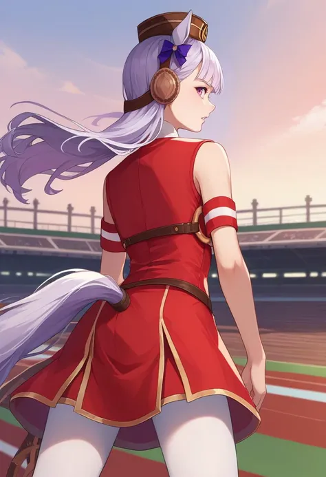 anime girl in red dress with headphones and a baseball bat