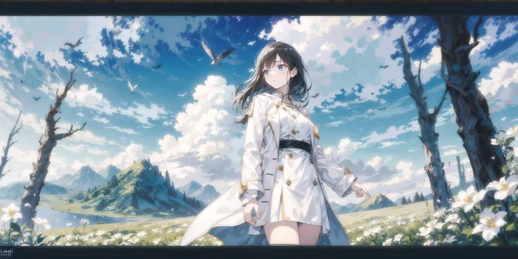 (masterpiece:1.2), (best quality:1.2), 1girl, white coat, open clothes, long sleeves, looking afar,  standing, outdoors, sky, bird, scenery, cloud, day, grassland, forest, from below, white flowers at right side, copyright name, letterboxed, english text, ...