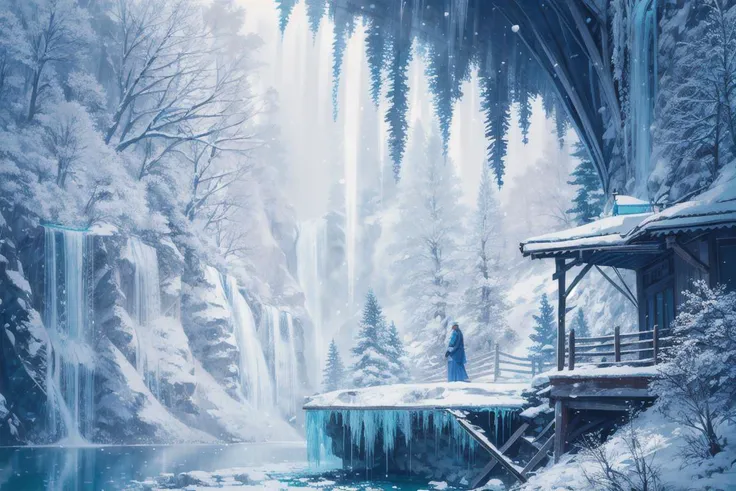 a profestional picutre of  winter ,Plitvice Lakes National Park, Croatia: Frozen Waterfalls: The cascading waterfalls of Plitvice Lakes National Park freeze into crystalline sculptures during winter, surrounded by snow-covered forests, turning this Croatia...