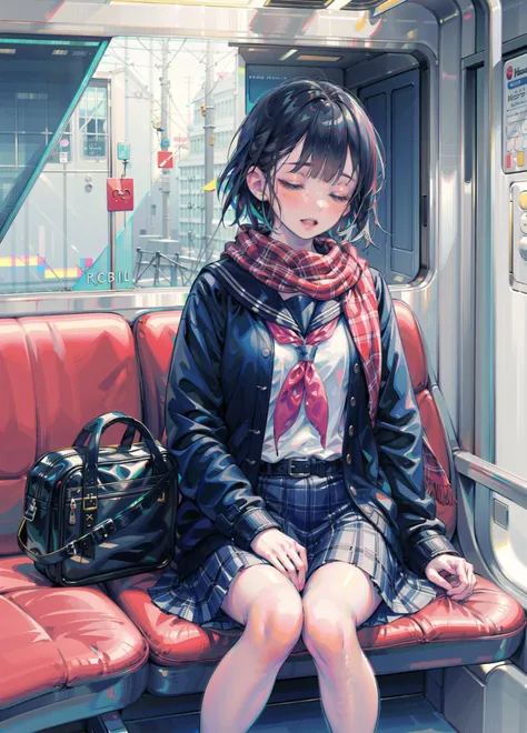 anime girl sitting on a train seat with a purse and handbag