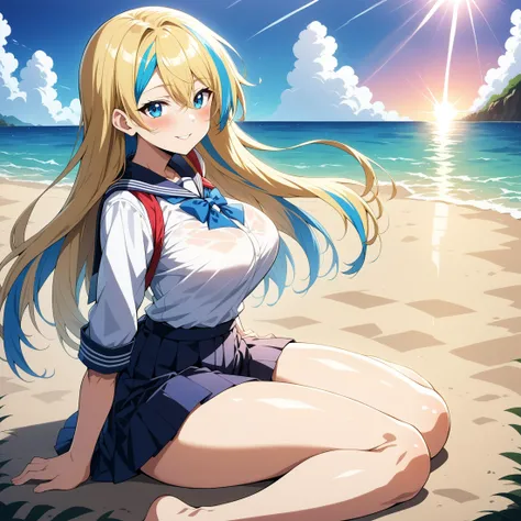 (masterpiece, best quality:1.2),absurdres,very aesthetic,ultra detailed,perfect lighting,beautiful face,1thumb,4fingers,
BREAK 1girl,solo,student,school uniform,white shirt,from side,looking at viewer,sitting,
BREAK ash blonde hair,((highlights hair, Blue ...