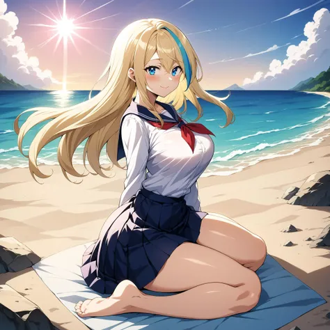 (masterpiece, best quality:1.2),absurdres,very aesthetic,ultra detailed,perfect lighting,beautiful face,1thumb,4fingers,
BREAK 1girl,solo,student,school uniform,white shirt,from side,looking at viewer,sitting,
BREAK ash blonde hair,((highlights hair, Blue ...