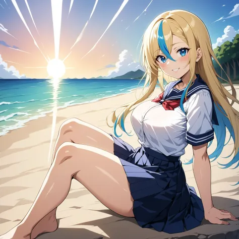 (masterpiece, best quality:1.2),absurdres,very aesthetic,ultra detailed,perfect lighting,beautiful face,1thumb,4fingers,
BREAK 1girl,solo,student,school uniform,white shirt,from side,looking at viewer,sitting,
BREAK ash blonde hair,((highlights hair, Blue ...