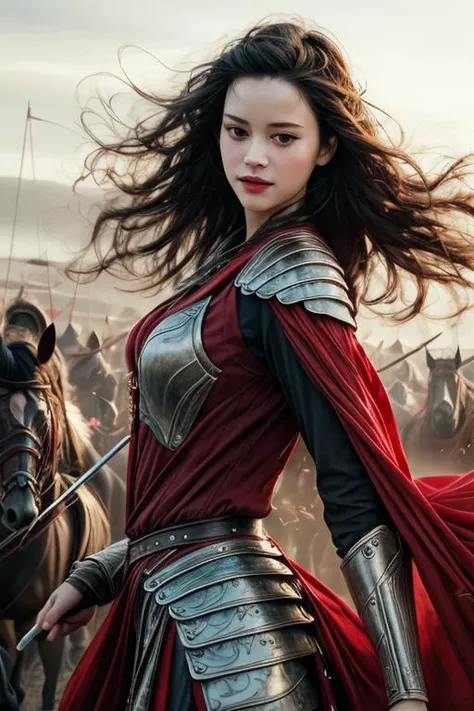 a profestional picutre of carlagugino , with Lean - A slender and athletic body with subtle curves. , 1girl, <lora:Chinese armor_20230810174026:0.7> general, warrior, armor, cape, Sorceresss Whispers: Behavior: The character leans close to a companion, mur...