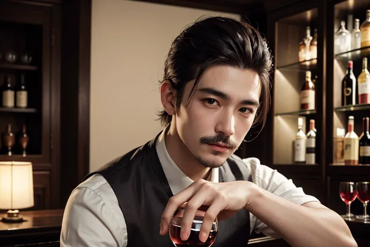 an awarded profesional photography of (1man:1.3) Chinese  with grey eyes  with  male Straight Faded Pompadour hair hairstyle and English mustache in Chocolate Brown color, dressed as Oracle    bored, playing a game paintball  in Wine and Cocktail Bar: A se...