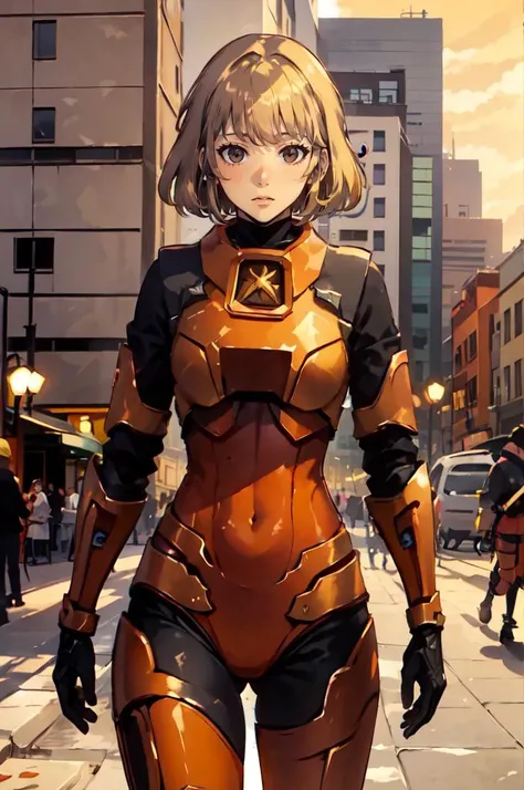 ultra detailed, masterpiece, best quality,
 <lora:chara_SoloLeveling_ChaHaeIn_v2:0.75> cha hae-in, blonde hair, short hair, brown eyes,red armor, gauntlets, 
 <lora:hevsuit:0.5> hevsuit, mk5, mk4