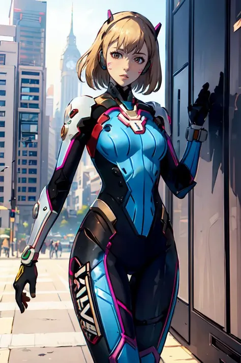 ultra detailed, masterpiece, best quality,
 <lora:chara_SoloLeveling_ChaHaeIn_v2:0.75> cha hae-in, blonde hair, short hair, brown eyes,red armor, gauntlets, <lora:A_Dva_Cosplay:0.5> xdva, d.va (overwatch), pilot suit, bodysuit, skin tight, straight-on,