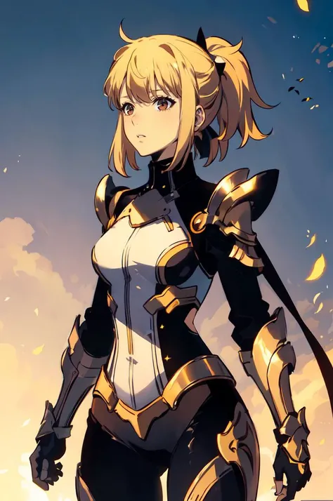 ultra detailed, masterpiece, best quality,
 <lora:chara_SoloLeveling_ChaHaeIn_v2:0.75> cha hae-in, blonde hair, short hair, brown eyes, ponytail, red armor, gauntlets,