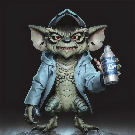 (a gremlin:1.3),(a gremlin with  eyes and large ears and wearing blue raincoat holding a can of soda),sharp teeth,claws,(detaile...