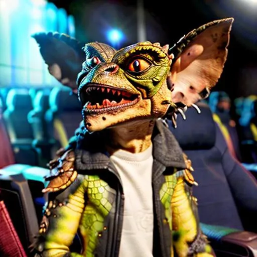 ((yellow eyed gremlin with very large ears, and sharp teeth claws and reptile skin:1.2, )),((movie theater background:1.3)),((lo...