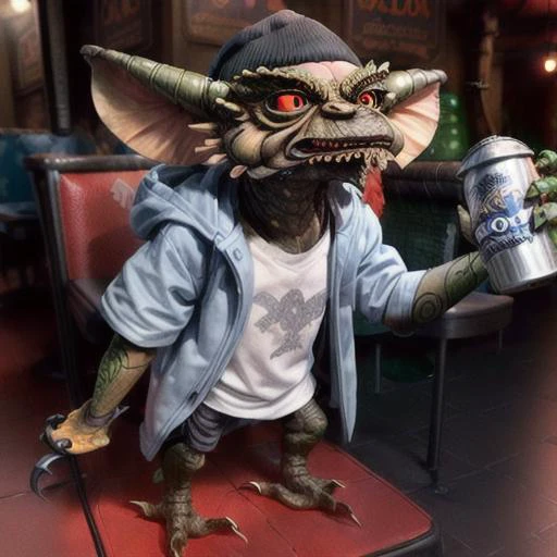 (a gremlin:1.3),(a gremlin with blue eyes and large ears and wearing blue raincoat holding a can of soda),sharp teeth,claws,(det...