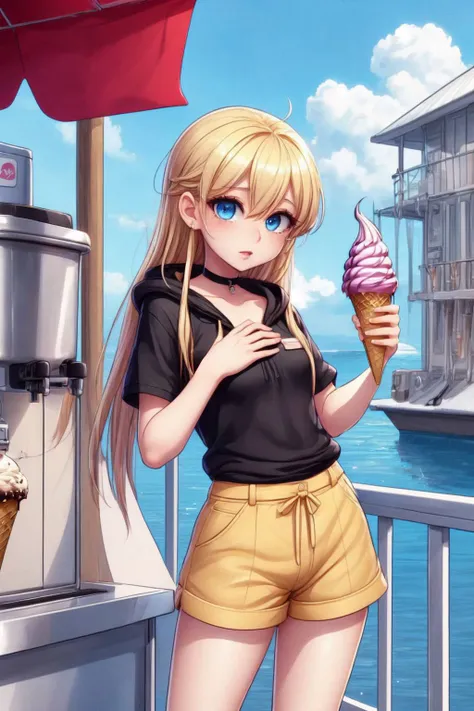 a woman in shorts and a black shirt holding an ice cream cone