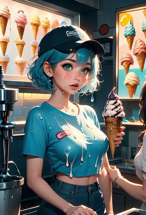 (masterpiece, best quality), 1girl,  Teal blue Afro, Size C breasts,    <lora:girllikeicecreammachine:0.8> (((2girls))), (((ice cream machine))), (((clerks hand holding a ice cream))), (((dripping))), ((splash)), (baseball cap), tied shirt, denim shorts, p...