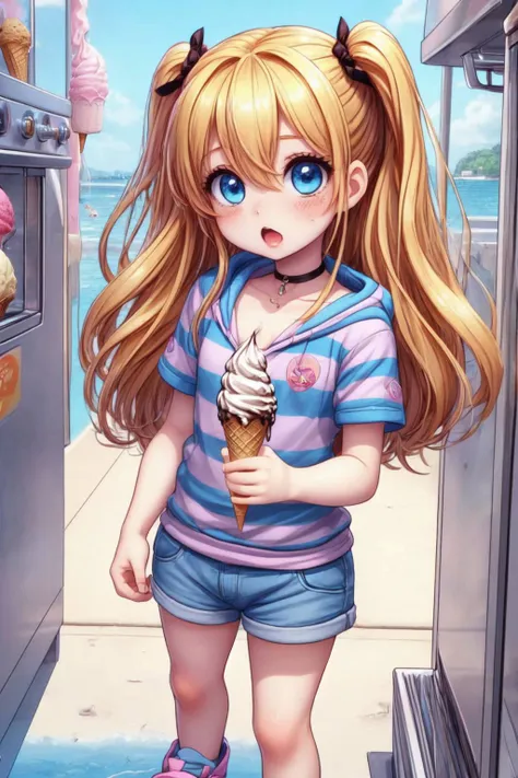 anime girl with ice cream cone in hand standing in front of a refrigerator