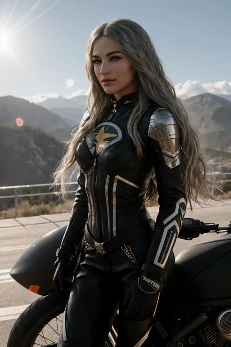 ((CINEMATIC SHOT)) (The blonde DV_Gwen_Vicious on a motorbike on top of the rocky mountains, sun) (wearing biker gear) (Sun in the background, lights and shadows on her body, (lens flare:1.3))  (byZack Snyder:1.4)(35mm, F/2.8)
((Photo Focus, DOF, Aperture,...