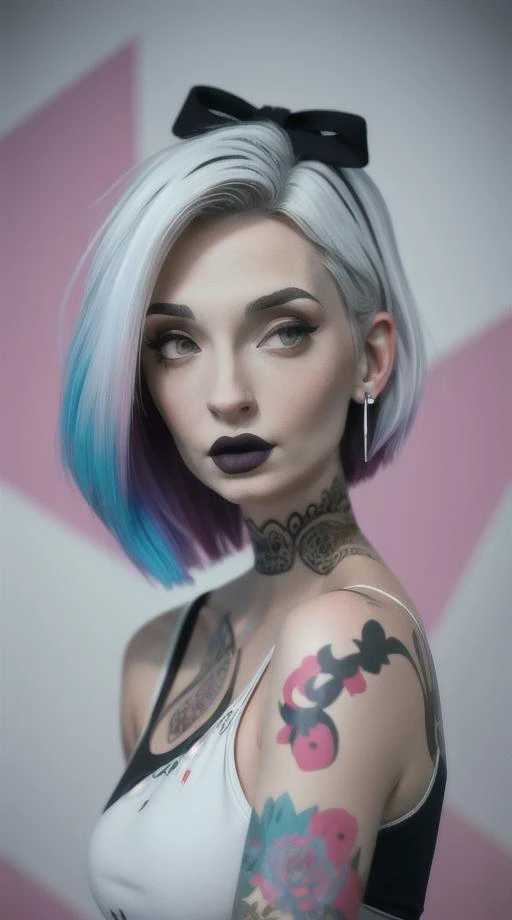 DEN_kate_lambert, (headshot:1.2) portrait, (face focus:1.1), windswept chaotic hair, long hair, glistening eyes, eyeliner, ankymoore, (piercings, tattoos, neck tattoo, geometric tattoo), catmull, (wearing goth clothing, gothic), white hair, long neck, gloo...