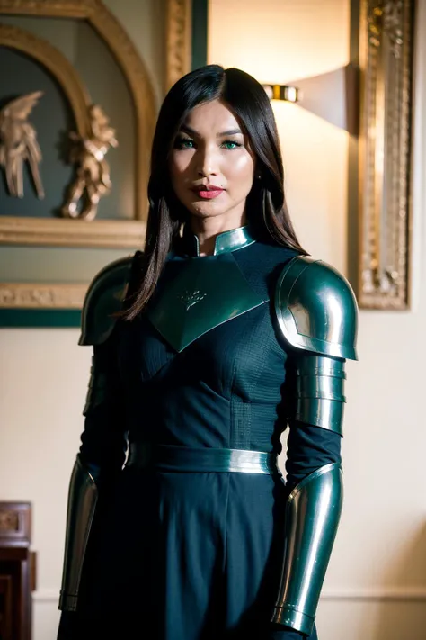 best quality,masterpiece,(armor uniform:1.4),out of box,young  face,smile,blue dress,green eyes,pure white skin,long straight hair,  hair accessories, earrings, eyeshadow,redlip,blush,upper body,indoors , (gemma chan),<lora:Gamme chan V1:1>,looking at view...