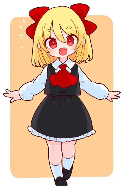 skistyle, rumia, 1girl, blonde hair, red eyes, shirt, ascot, fang, white shirt, ribbon, long sleeves, collared shirt, hair ribbo...