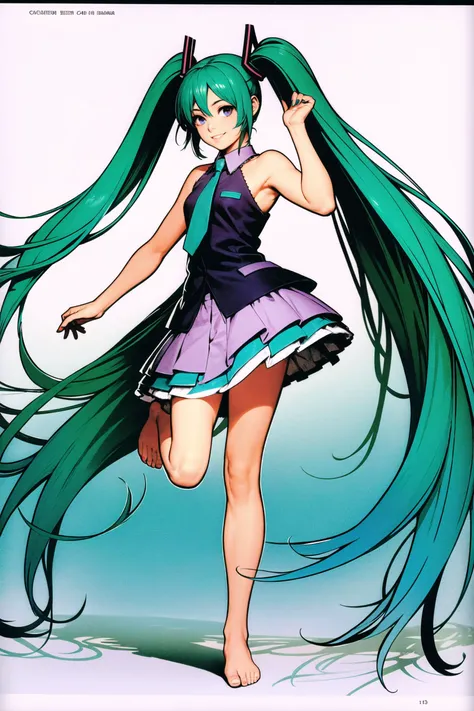 1girl, long hair, solo, hatsune miku, barefoot, twintails, very long hair, gradient hair, multicolored hair, nail polish, skirt, simple background, smile, standing on one leg, purple hair, white background, aqua hair, full body, bare shoulders, leg ribbon,...