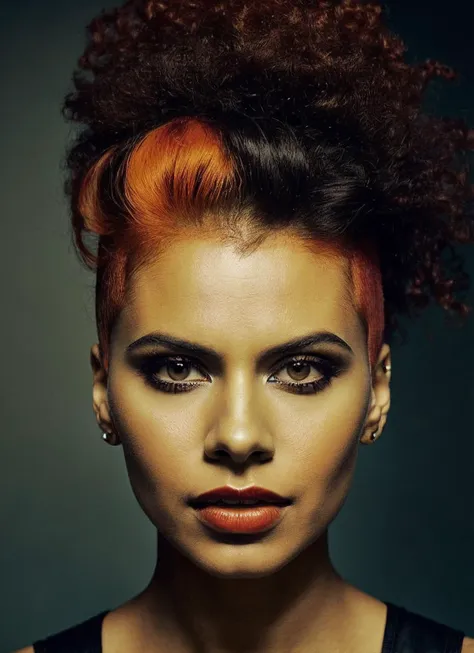 portrait of sks woman by Flora Borsi, style by Flora Borsi, bold, bright colours, orange Mohawk haircut, ((Flora Borsi)), <lora:locon_zaziebeets_v1_from_v1_64_32:1>