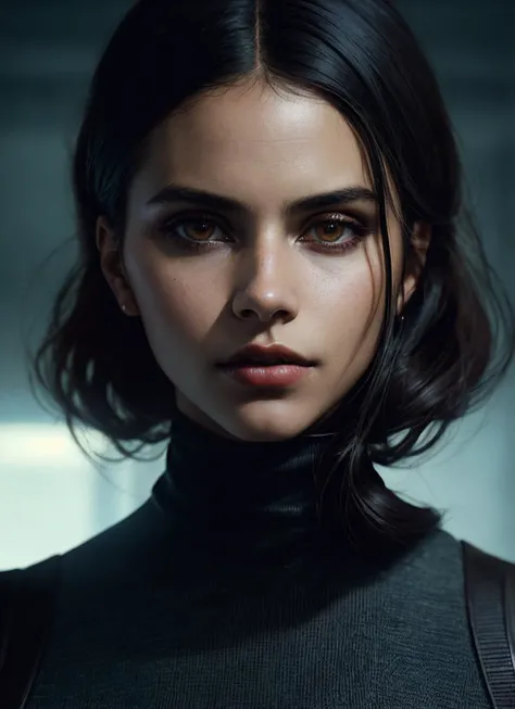 A stunning intricate full color portrait of (sks woman:1), wearing a black turtleneck, epic character composition, by ilya kuvshinov, alessio albi, nina masic, sharp focus, natural lighting, subsurface scattering, f2, 35mm, film grain, <lora:locon_zaziebee...