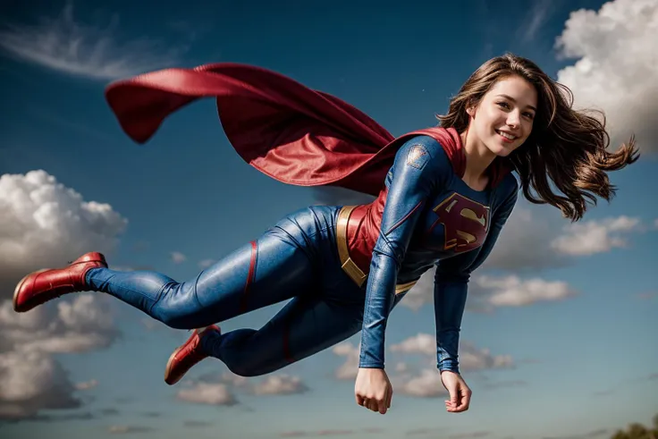 DC movies,full body,from above,from side and behind,photo of a 18 year old girl,supergirl,flying in the air,happy,laughing,shirt,pants,outdoor,windy,blue sky,cloud,ray tracing,detail shadow,shot on Fujifilm X-T4,85mm f1.2,depth of field,blurry background,b...