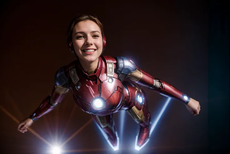 Marvel movies,full body,from above,from side and front,photo of a 18 year old girl,ironman,flying in the sky,happy,laughing,ray tracing,detail shadow,shot on Fujifilm X-T4,85mm f1.2,depth of field,blurry background,bokeh,motion blur,<lora:add_detail:1>,