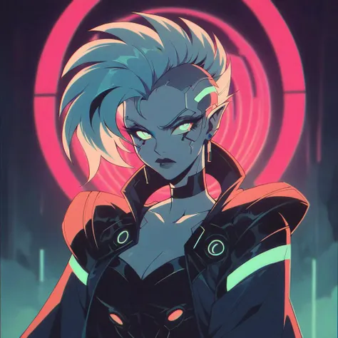 a woman with blue hair and a black jacket stands in front of a neon circle