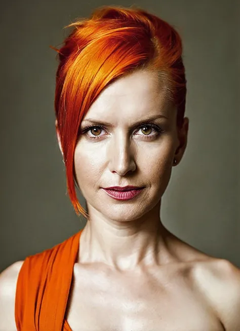 portrait of sks woman by Flora Borsi, style by Flora Borsi, bold, bright colours, orange Mohawk haircut, ((Flora Borsi)), <lora:locon_angelakinsey_v1_from_v1_64_32:1.25>