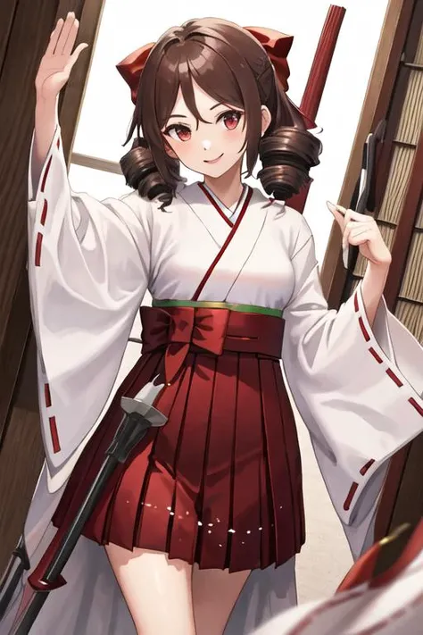 best quality, masterpiece, highres, solo, {white kimono:1.35}, {red hakama:1.35}, {wide sleeves:1.20}, {harukaze_kantaicollection:1.15}, brown_hair, drill_hair, twin_drills, red_eyes, bow, hair_bow, red_bow, long_hair, smile, breasts