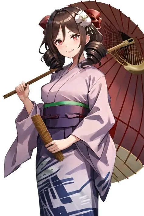 best quality, masterpiece, highres, solo, {yukata:1.40}, {kimono:1.20}, {harukaze_kantaicollection:1.15}, brown_hair, drill_hair, twin_drills, red_eyes, bow, hair_bow, red_bow, long_hair, smile, breasts