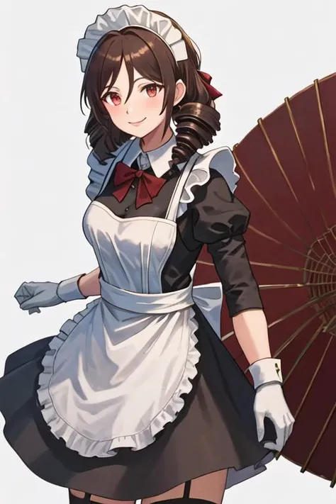 best quality, masterpiece, highres, solo, {maid:1.40}, {long maid dress:1.15}, {harukaze_kantaicollection:1.15}, brown_hair, drill_hair, twin_drills, red_eyes, bow, hair_bow, red_bow, long_hair, smile, breasts