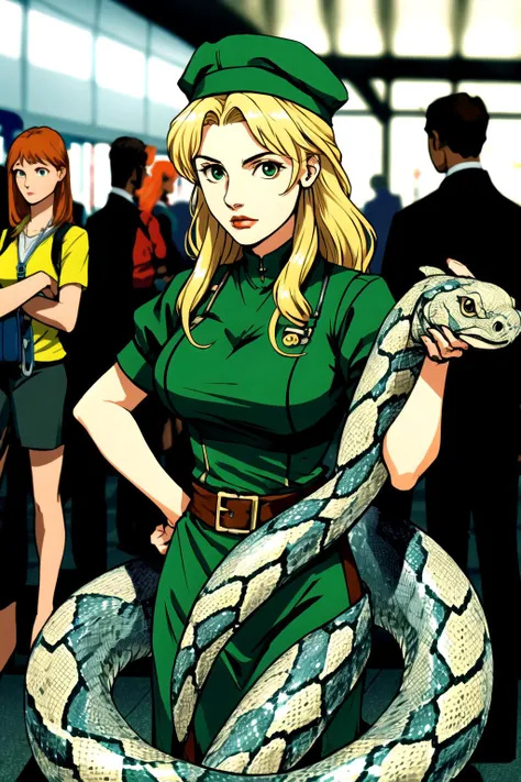 anime girl in green dress holding a snake in a crowded area