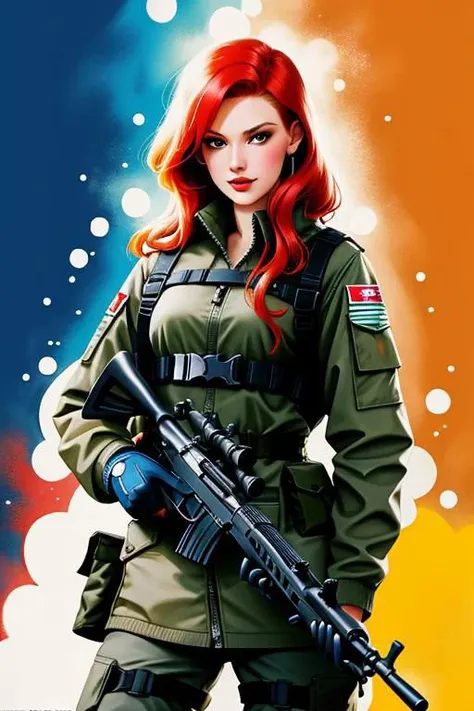 evil beautiful redhead soldier holding a machine gun, she is wearing short militarty clothes, lauging in office, she is holding colorful knife, colorful walls, photorealistic, ingredients, full with white and colorful bubbles, vivid colorful splashed paint...