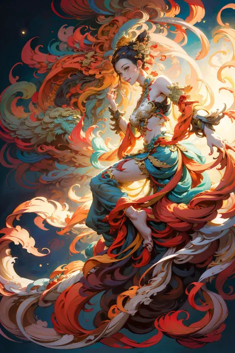 (Red and white hue:1.6), 1girl, solo, Flying among the clouds, Dunhuang Flying Apsaras costume, (Dunhuang background, mural background:1.6), messy long hair, a lot of smoke, ((realistic, masterpiece, movie lighting, best quality)), Beautiful lighting among...