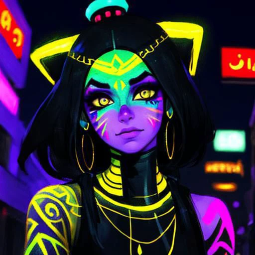 woman with egyptian face paint at night, neon