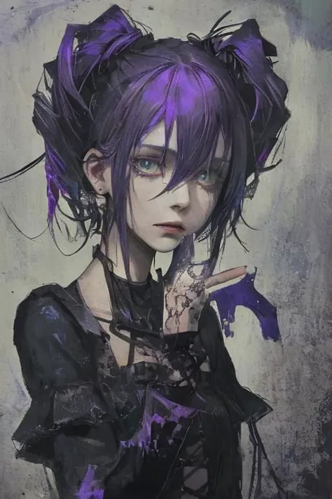 grunge style An eerie and captivating photo, gaunt gothic woman stands alone in the darkness of the night, rim lighting, extreme close-up, Her purple and blue highlights in her hair falls around her sunken cheeks and hollow eyes, accentuated by the shadows...